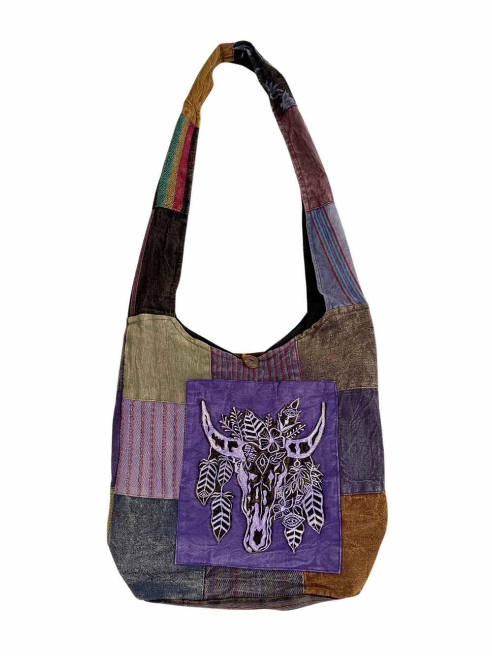 Boho Patchwork Shoulder Bag with Purple Skull Applique